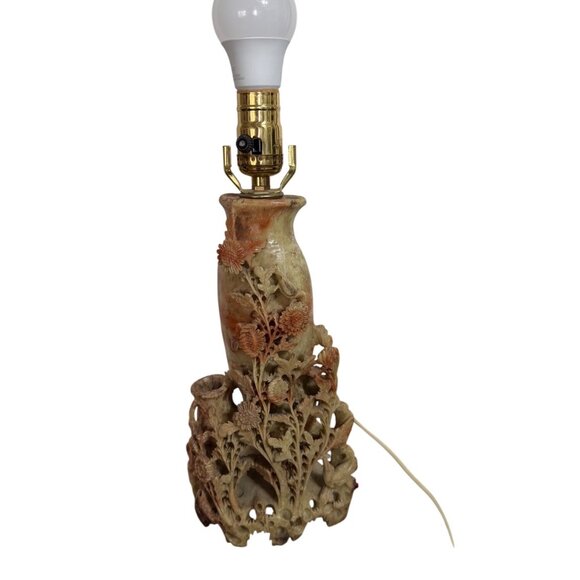 Vintage Stone Carved Floral Table Lamp With Intricate Chrysanthemum Motif And Br